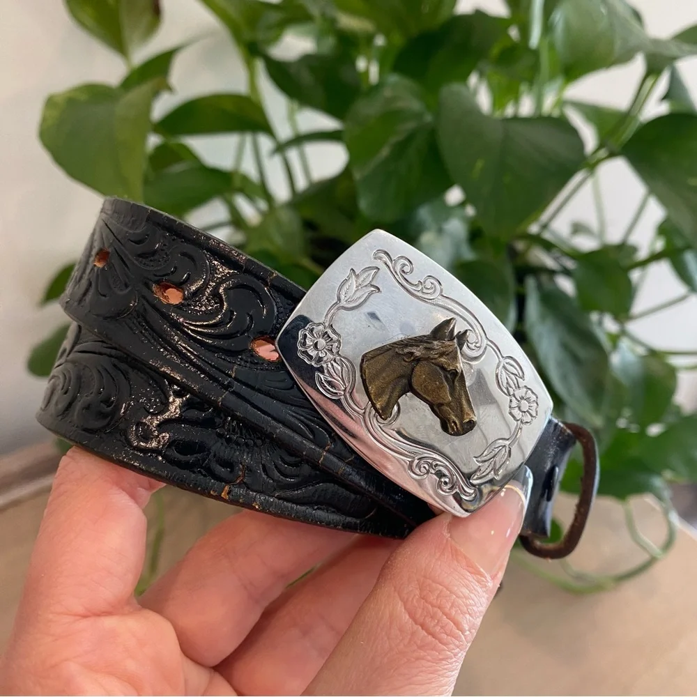 Justin Western Equestrian Brass And Silver Buckle Leather Belt